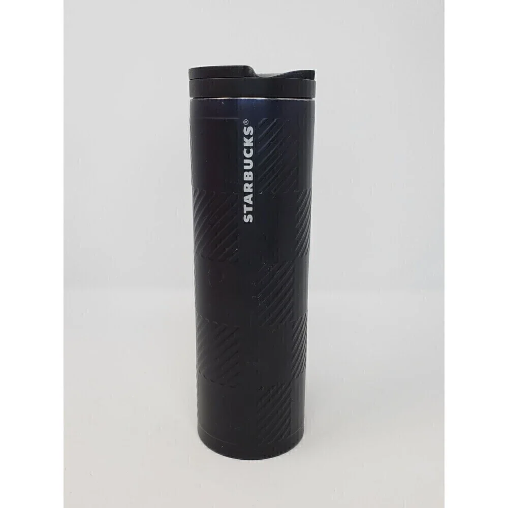 STARBUCKS MATTE BLACK CHECKERBOARD TEXTURED TRAVEL MUG COFFEE BEVERAGE 2012
